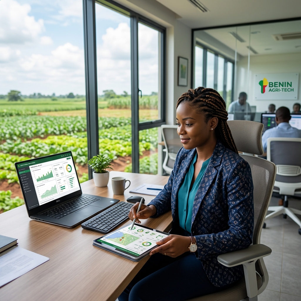 Professionnelle africaine analysant des données agricoles sur tablette et ordinateur dans un bureau agritech moderne